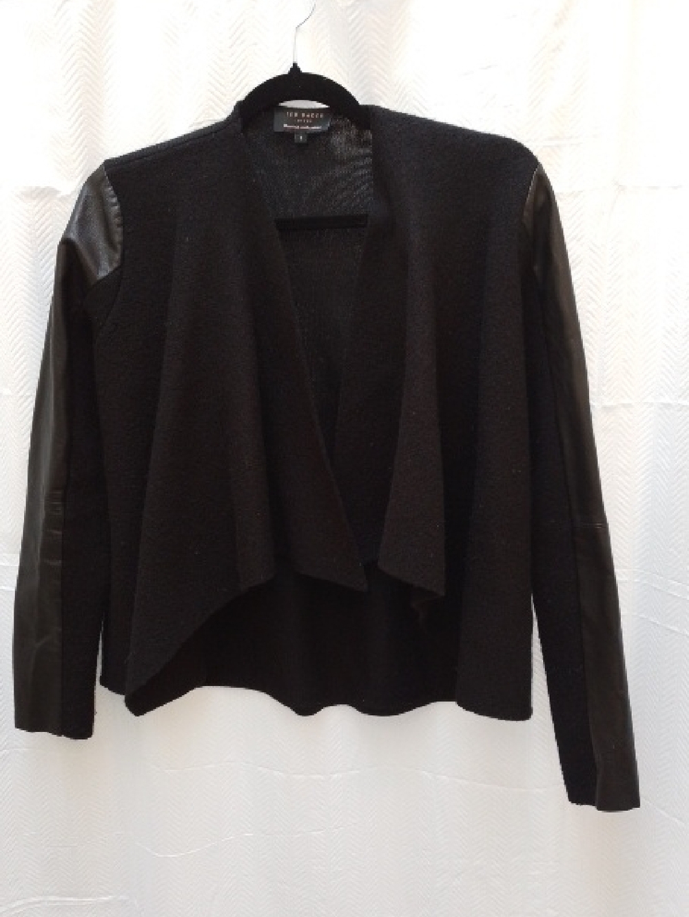 Ted Baker Black Knit Open Cardigan Wool & Leather Sleeves
